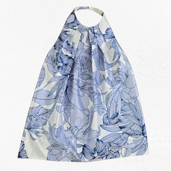 Keepsake Blue White Floral Satin Halter High Neck Backless Blouse Size XS - Picture 2 of 8